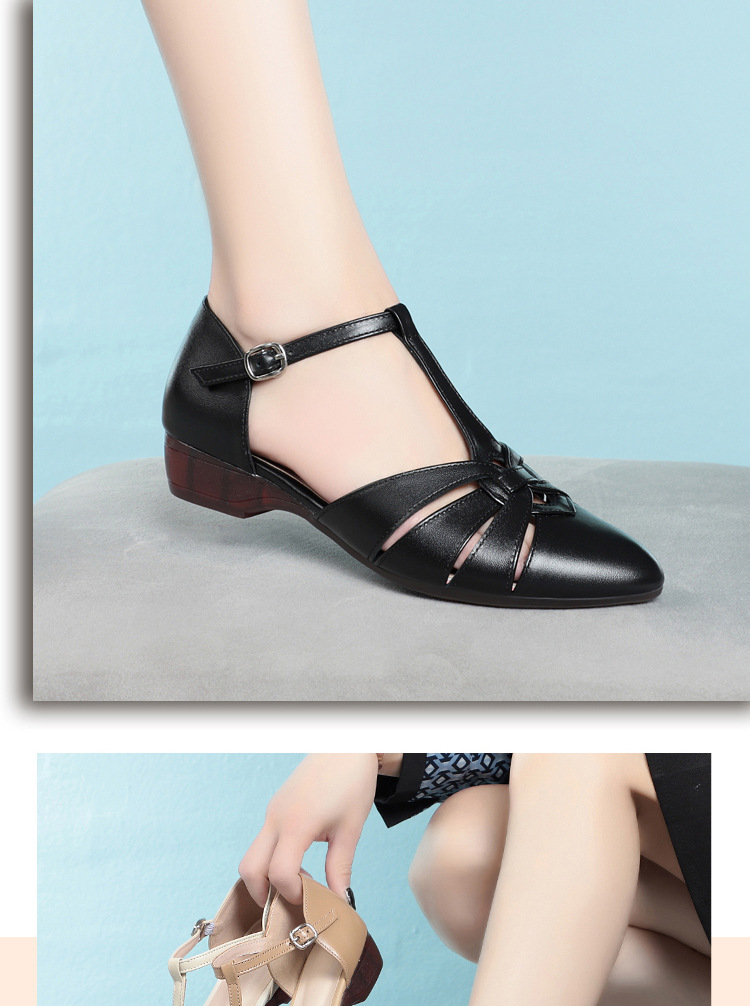 Dép sandal nữ da thật đế bằng quai chữ V mùa hè — màu be chi tiết 14