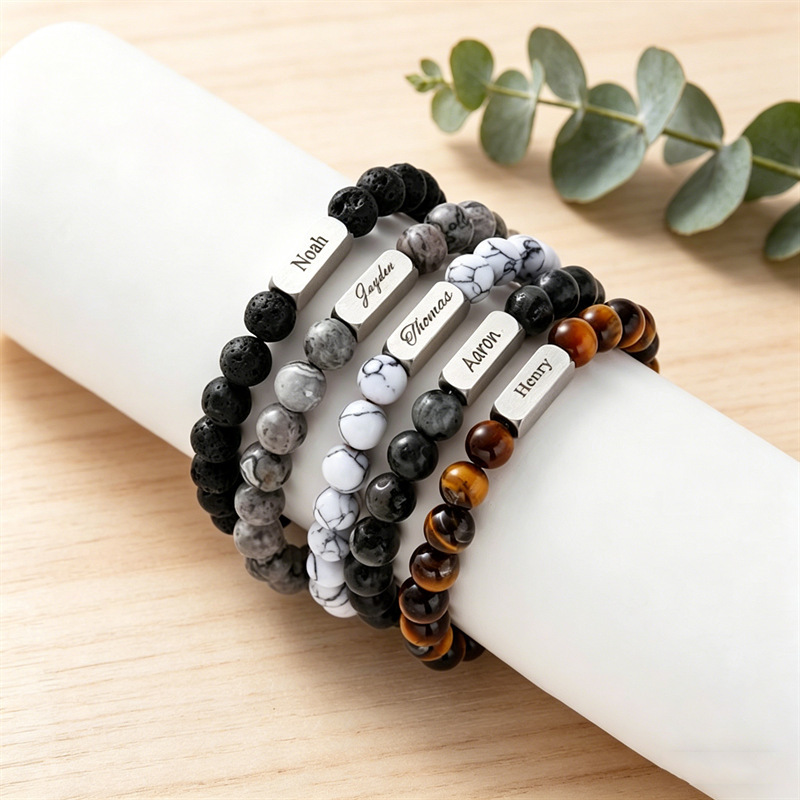 Stainless Steel Engraved Bracelet Map Stone Volcanic Stone Beaded Custom Name Bracelet DIY Personalized Couple Bracelet