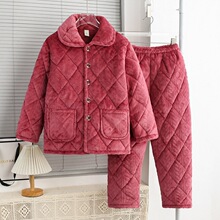 冬季中老年女士法兰绒睡衣套装夹棉加厚保暖珊瑚绒家居服工厂批发