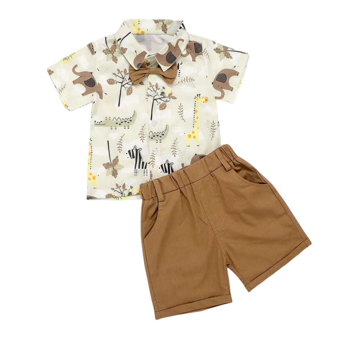 Children's Foreign Trade Short-sleeved Shorts Shirt suit Small Animal Pattern Cow Tau Gentleman Bow-tie Summer