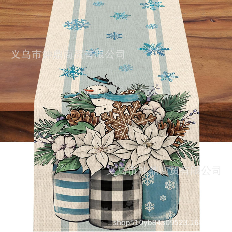 亚马逊爆款圣诞节桌旗亚麻材质雪人印花美式圣诞节餐桌装饰桌布|undefined