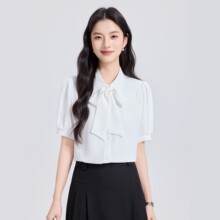白色蝴蝶结衬衫女夏季短袖面试正装答辩穿搭上衣职场通勤雪纺衬衣