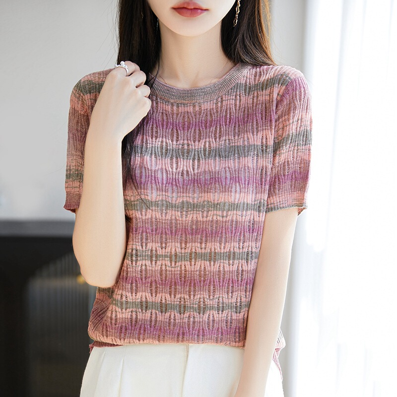 2025 Spring and Summer New Arrival Worsted Wool Crewneck Sweater Short Sleeve T-Shirt Women's Rainbow Striped Hollow Base Shirt
