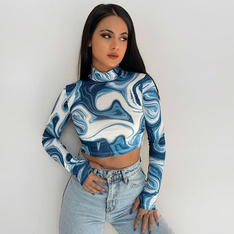 Printing Halter Long-Sleeved Half-High Collar Top NSHLJ96700