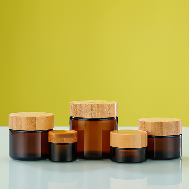 避光竹木盖膏霜瓶50ml避光药片玻璃瓶茶色竹木盖膏霜瓶便携小样瓶