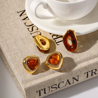 跨境铜镀18k金树脂耳钉耳饰时尚百搭琥珀色点钻气质耳环不掉色