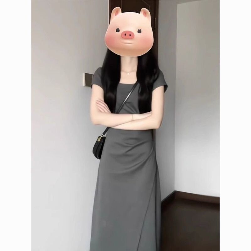 法式气质灰色连衣裙子女装夏季2025新款感小个子收腰显瘦长裙|undefined