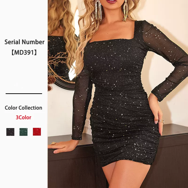 欧美性感方领长袖连衣裙2025春夏新款辣妹派对小黑裙修身包臀短裙