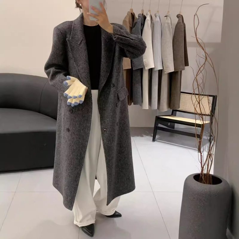 2024 High-End and Super Nice Shoulder Pad Suit Long Herringbone Outwear Autumn and Winter Outwear Double-Sided Wool Outwear for Women