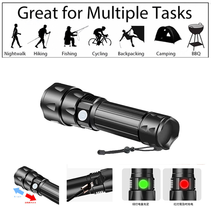 Transfronterizo nuevo XHP50 linterna de luz fuerte USB recargable zoom telescópico bajo recordatorio eléctrico linterna de iluminación al aire libre