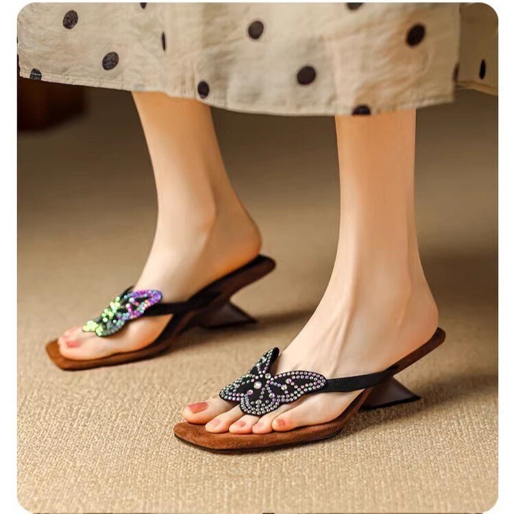 French Style Beautiful High Heel Sandals Women's Summer Outwear Fashionable Bow Rhinestone Sandals Flip Flops