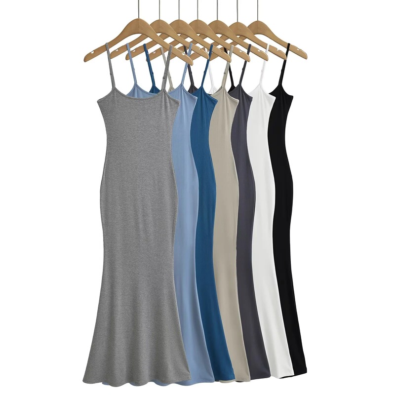 European and American Ins Fashion Solid Color High-end Sling Dress Kardashian Same Style Slim-fit Hip Mop Dress for Summer