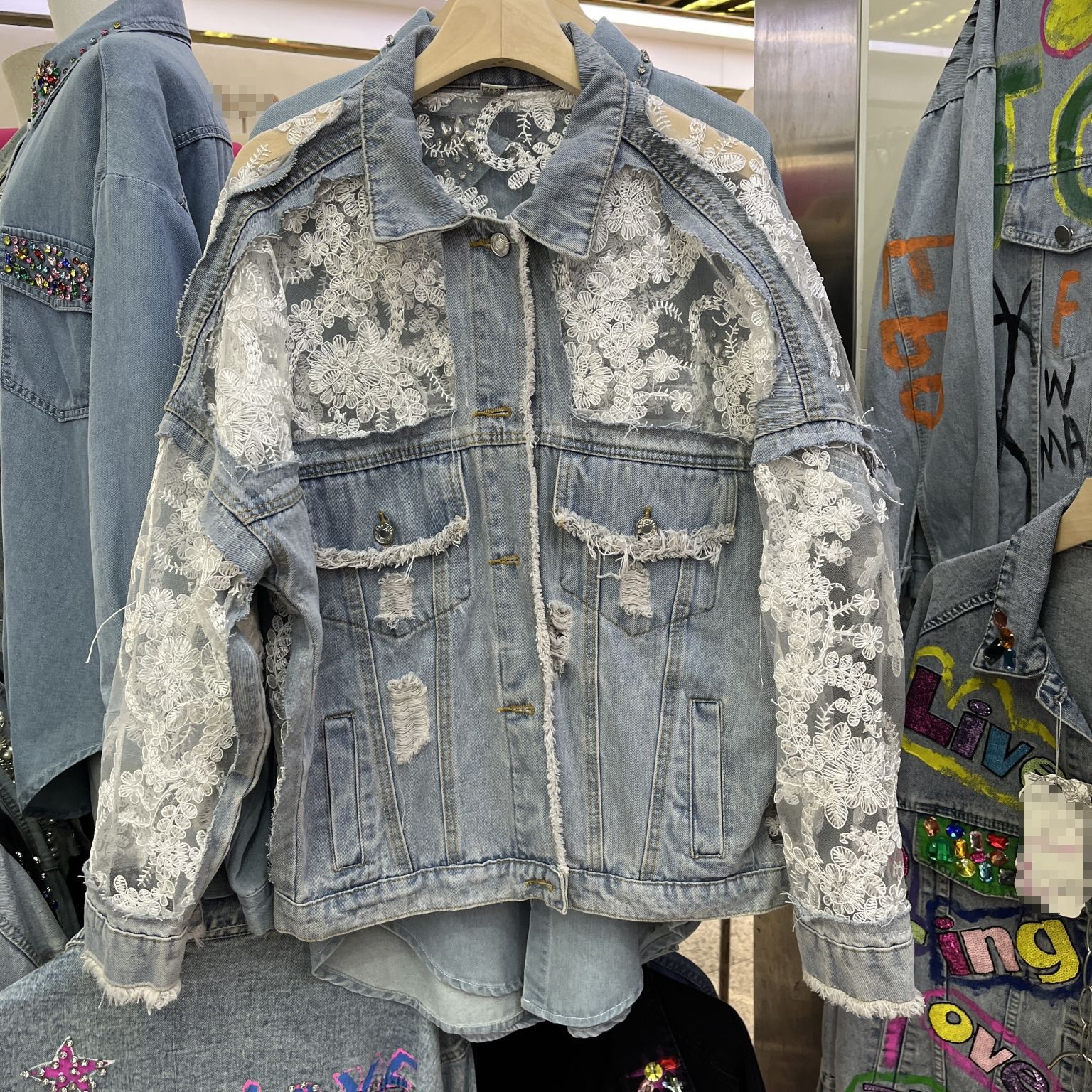 Mesh Embroidered Ripped Fairy Denim Jacket for Women 2025 Spring and Summer Short Lace Splicing Denim Shirt Jacket