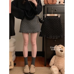 实拍  灰色波点毛呢A字裙边防走光高腰半身裙小个子包臀裙女88723