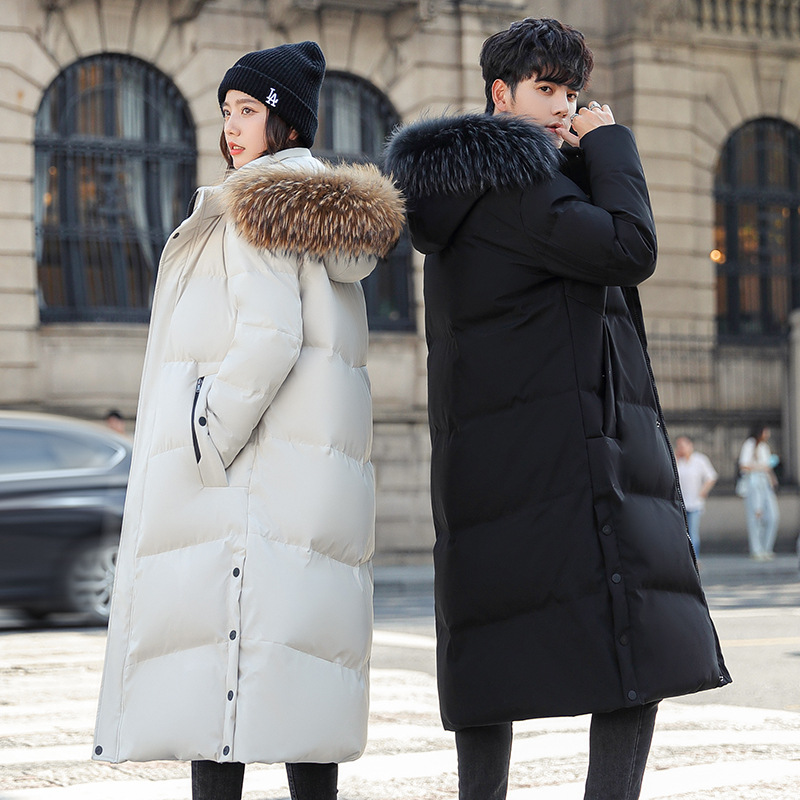 2026 Men's Over-the-Knee Down Jacket, Winter Style, Hooded, Fur Collar, Fashionable, Casual, Warm, Couple Style