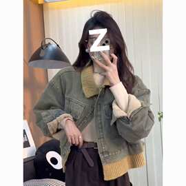 2025秋冬季新款牛仔外套棉服棉衣加绒加厚撞色翻领假两件上衣女