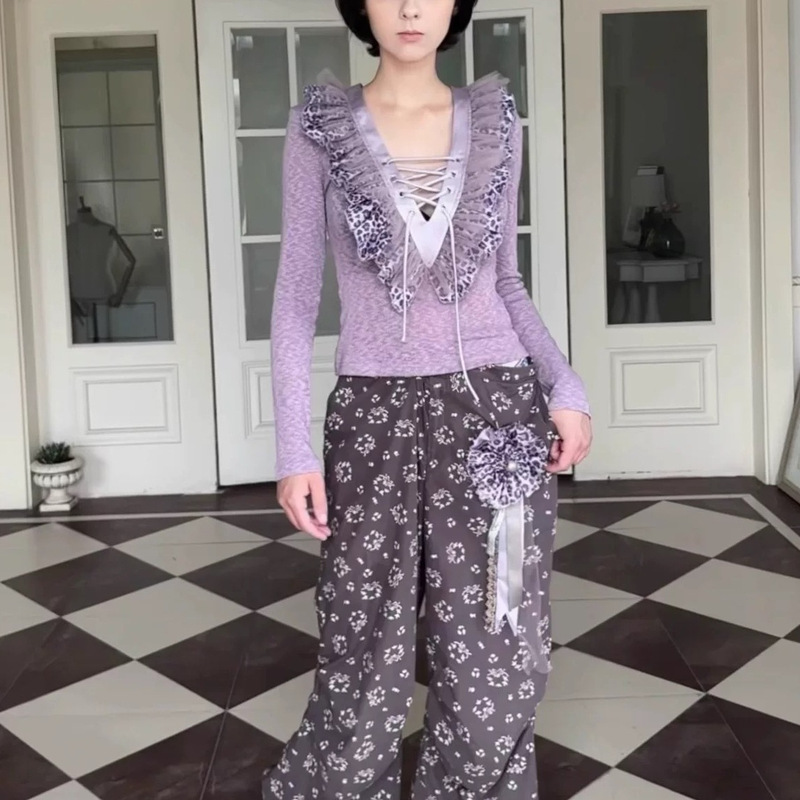 Water Bear Original Design V-Neck Lace-Up Multi-Layered Ruffled Romantic Knitted Top 2026 New Style