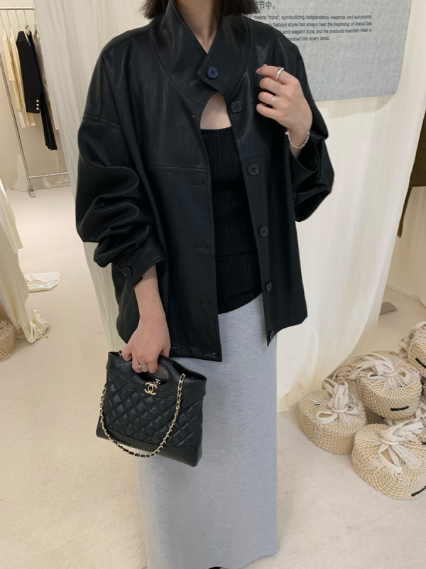 元派bluepops2025秋季新款立领短款皮衣休闲宽松夹克外套女A5557|undefined