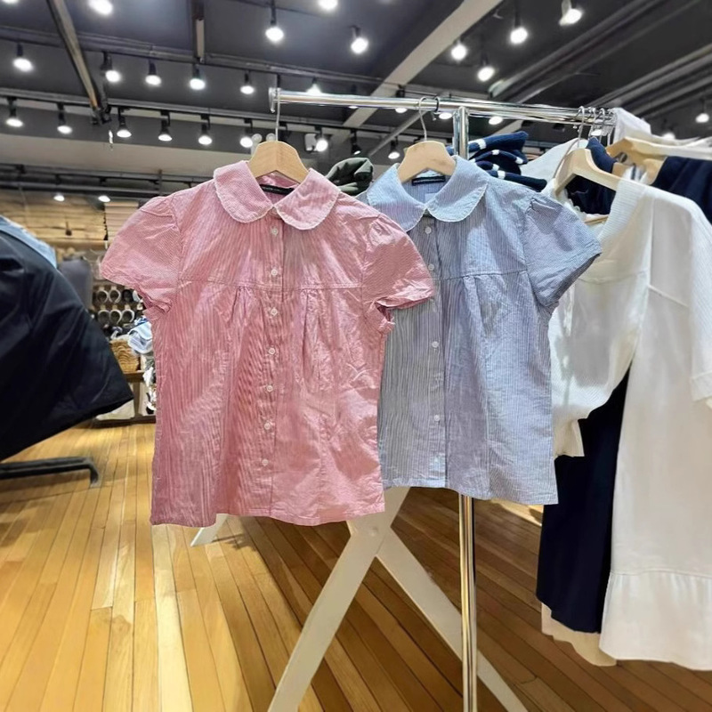 BM Style American Style Retro Blue Doll Collar Short Sleeve Shirt Top Women's Bm College Style Sweet Doll Shirt Shirt