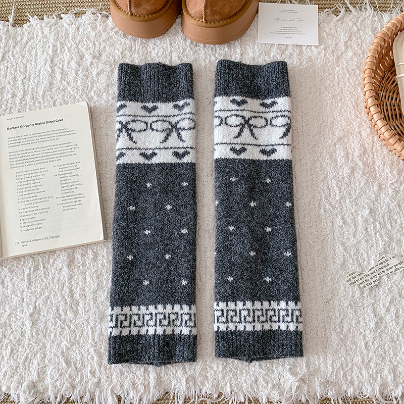 Beinstulpen Bootshang Baumwollsocken für Damen Herbst und Winter Wolle Warm Dick Schleife Retro Maillard Heavy Industry Fair Isle Strümpfe_voghion.com