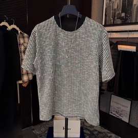夏季轻奢黑白条纹圆领短袖上衣小绣标男士百搭半袖T恤男潮