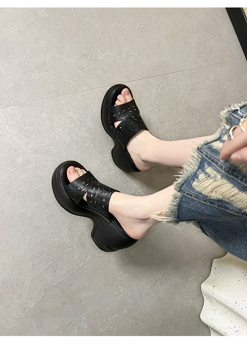 Sandal cao gót nữ hở mũi đế xuồng 10 cm, chất da bò thượng hạng, quai ngang thoáng khí — màu đen, màu trắng ngà chi tiết 7