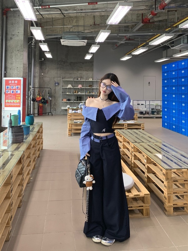 甜酷辣妹套装小众条纹拼接两穿长袖衬衫女装秋季高腰阔腿裤两件套|undefined