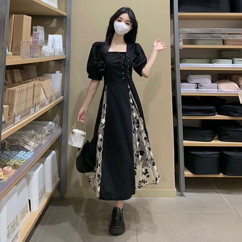 Plus-size curvy girls' designer dress | Summer wear | Figure-flattering mesh-panel French vintage niche-style dress