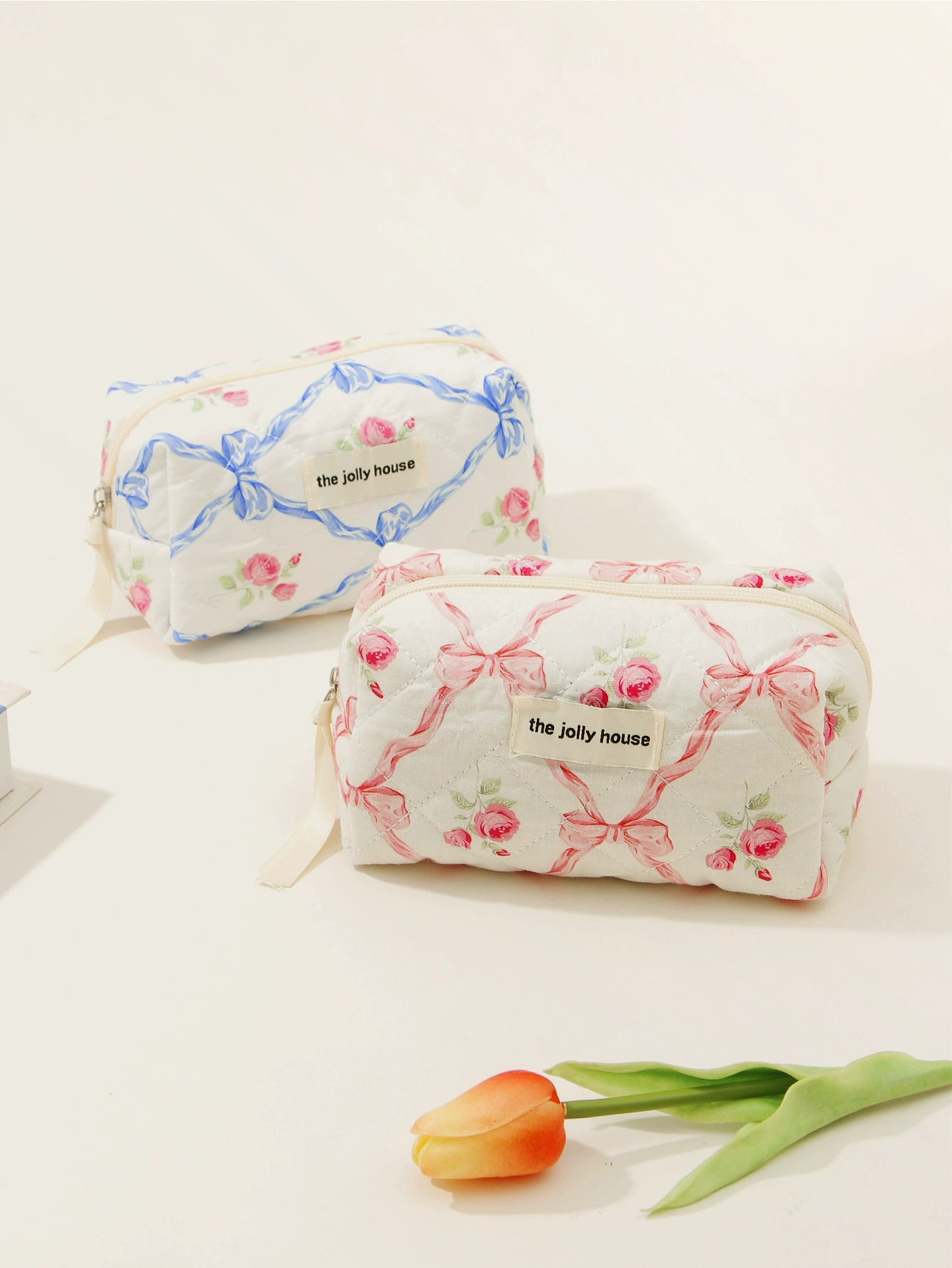 Cosmetic Bag Liner with Bow (liner) — Quilted Cotton, Large/Medium/Small Multi-Size Set