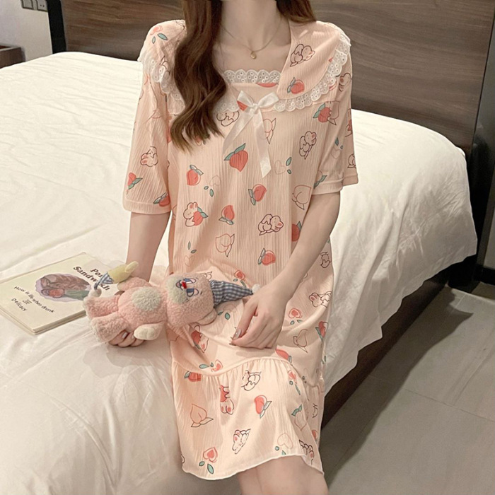 2024 pijama de mujer algodón de tela pijama de verano estudiantes frescos lindos mangas cortas ropa de cuello de muñeca media y larga