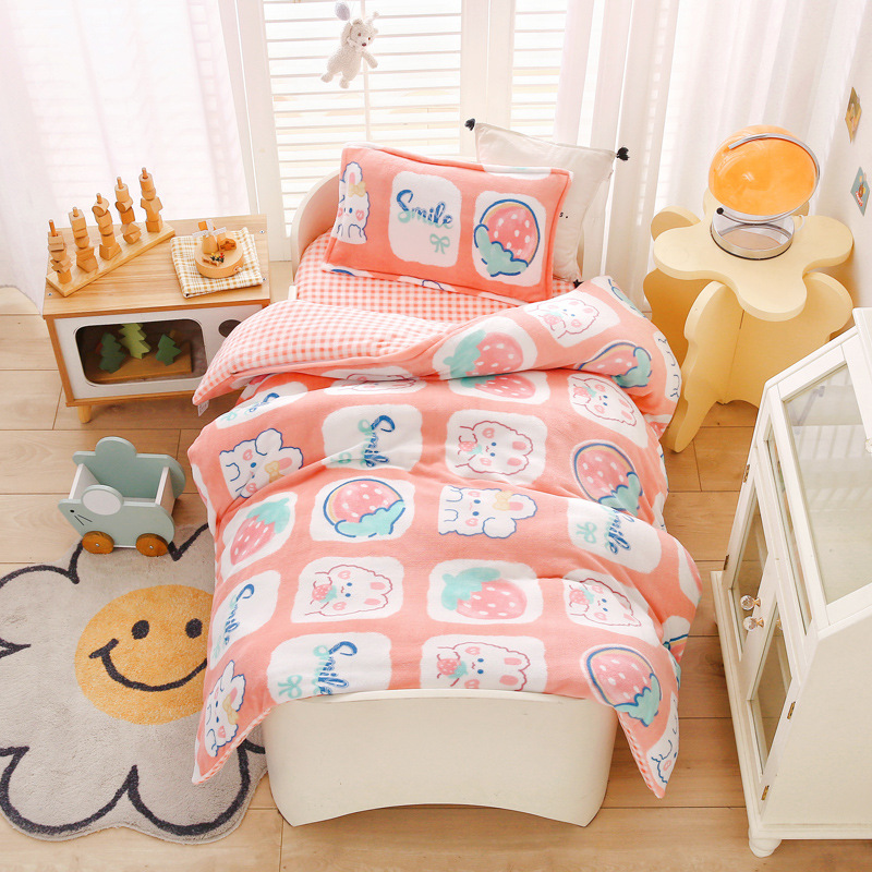 Kindergarten quilt three-piece autumn and winter milk velvet double-sided velvet baby admission core six-piece coral velvet bedding