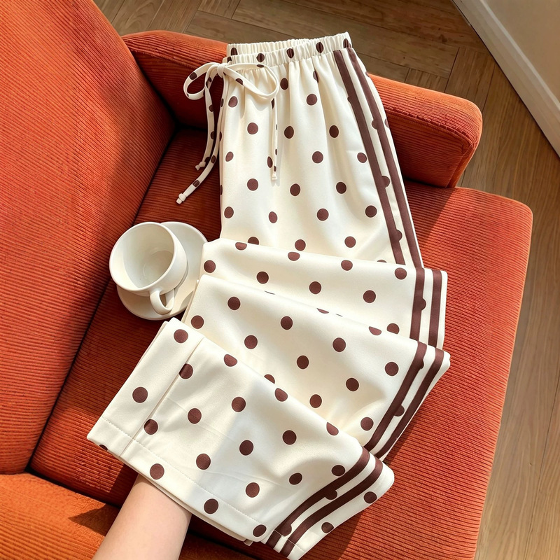 Cross-Border Exclusive Supply: Milk White Polka Dot Side Stripe Wide-Leg Pants, Drawstring Elastic Waist, Loose Fit, Home Casual Long Pants Cross-Border Exclusive Supply: Milk White Polka Dot Side Stripe Wide-Leg Pants, Drawstring Elastic Waist, Loose Fit, Home Casual Long Pants