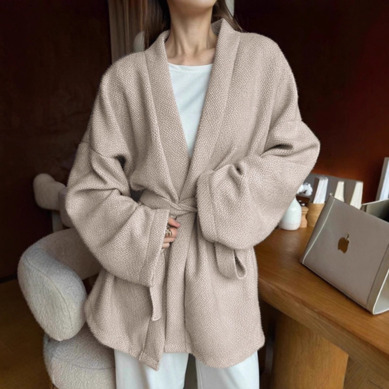 French Style V Neck Lace-Up Outwear for Women 2025 Winter Design Loose Woolen Outwear Mid-Length Women's Clothing