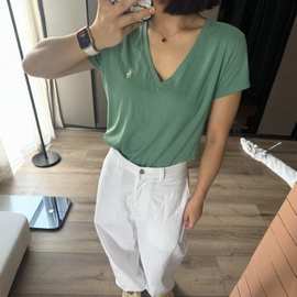 高版本RL原版外贸女款夏季轻奢百搭薄款纯棉刺绣小马标V领短袖T恤