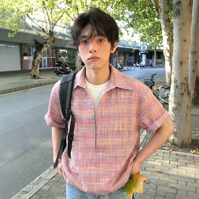 Fake Two-Piece Bubble Gauze V-Neck Plaid Shirt Short-Sleeved Men's Summer Youthful Style Lightweight Breathable Sun Protection Shirt