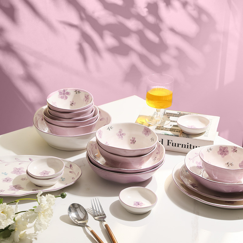 Purple Bowl and Dish Set Household Wholesale Ceramic Tableware Vintage Housewarming New House Plate Bowl Set Bowl Chopsticks Bowl Plate Purple Bowl and Dish Set Household Wholesale Ceramic Tableware Vintage Housewarming New House Plate Bowl Set Bowl Chopsticks Bowl Plate