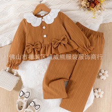 2025外贸跨境电商女童秋款蕾丝娃娃领韩系甜美两件长袖长裤套装