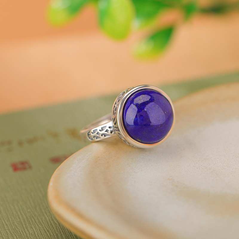 Nhẫn bạc S925 đính đá Lapis Lazuli họa tiết hoa văn cổ điển phong cách dân tộc — Mở một size