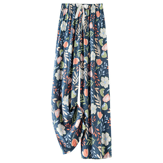 Women's cotton silk pajama pants summer thin artificial cotton wide-leg pants spring and autumn can be worn outside loose home air conditioning cropped long pants