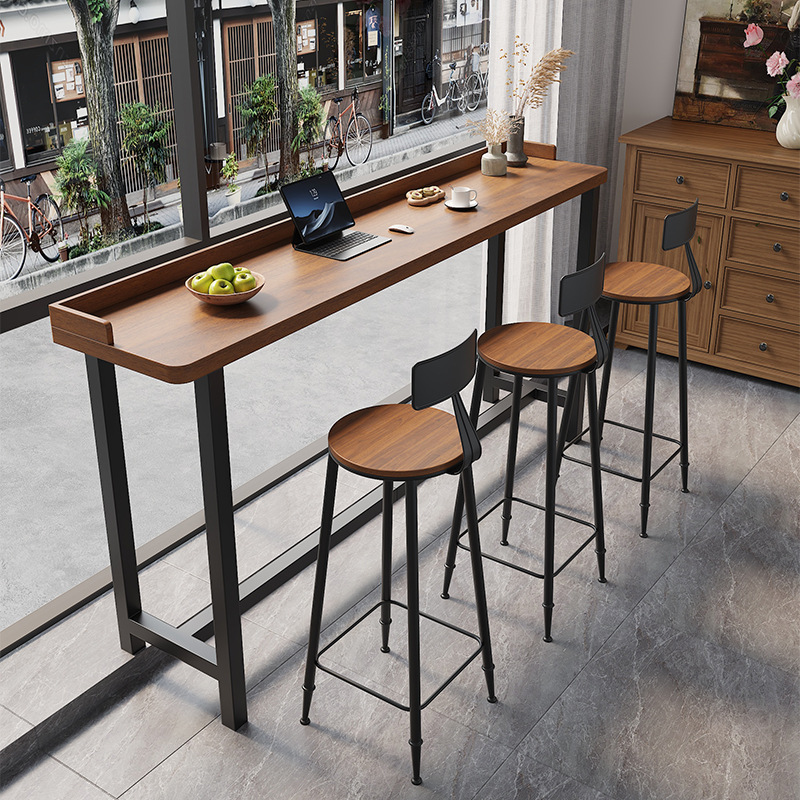 Balcony Bar Table for Home Use, Simple Solid Wood Long Table, Narrow Table Against the Window, High and Low Legs, Long Table, High Table and Chairs Against the Wall