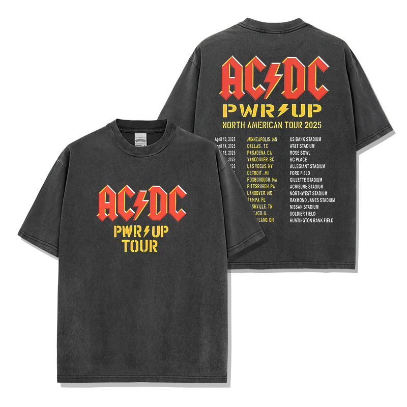Cross-border American retro rock band ACDC printed washed short sleeve T-shirt round neck loose hooded sweater wholesale