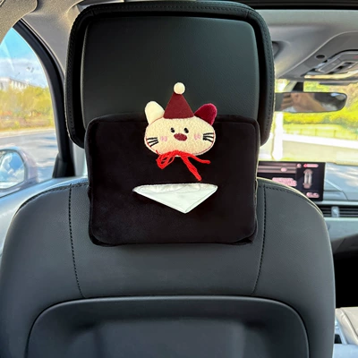 Car Tissue Box with Cute Plush Hat Design, Little Panda Style, for Car Seat Back or Armrest, Suitable for Women (Car tissue box/set) - plush-tissue-box-black-hat-kitten