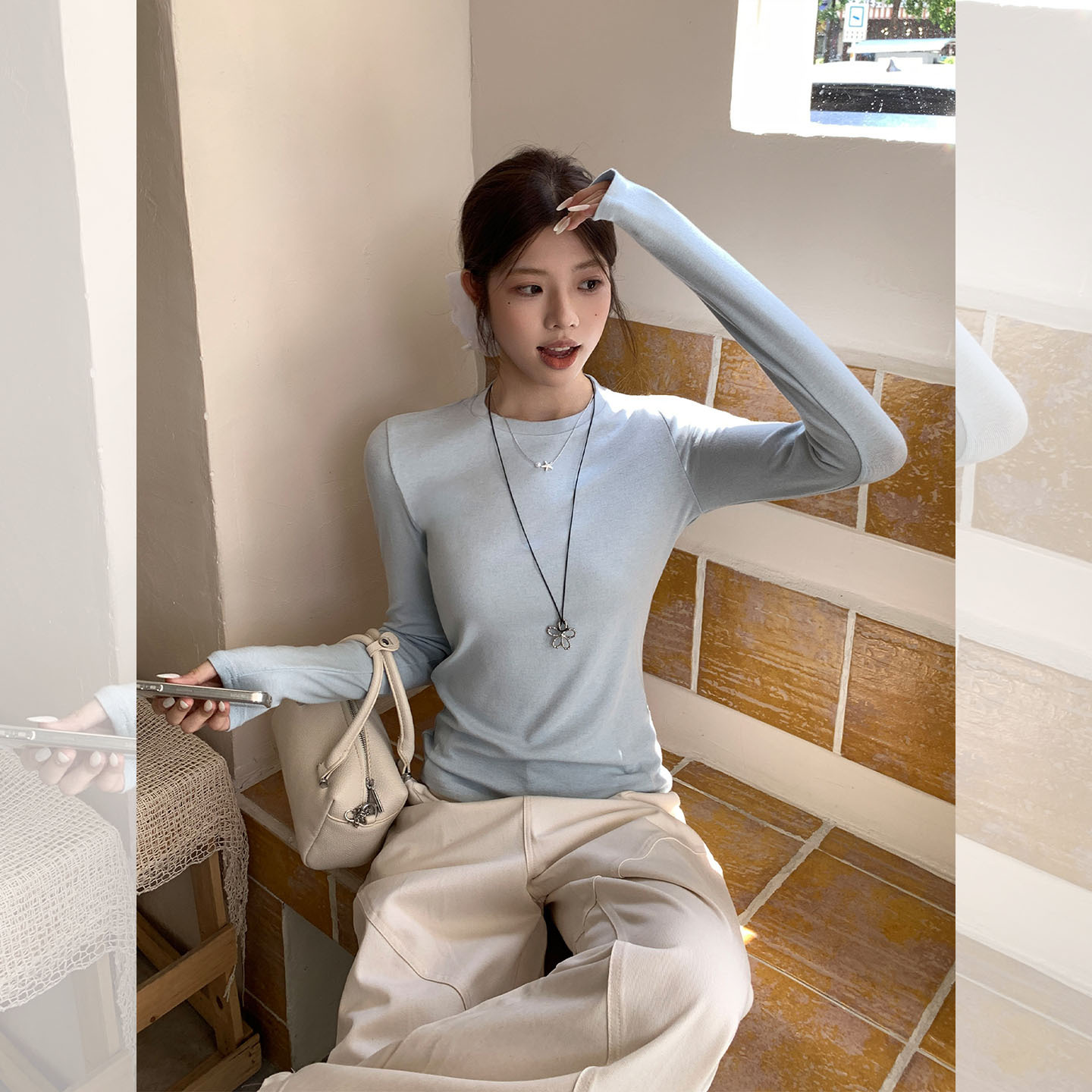 Blue Round-Neck Regular Shoulder Basic Long-Sleeve Base Shirt for Women, 2026 Autumn Simple Inner Wear Slim Fit Top