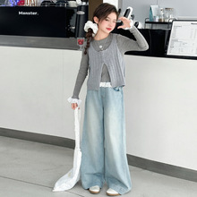 女童春秋装三件套大童韩系花边打底衫女孩甜美毛线马甲牛仔裤跨境