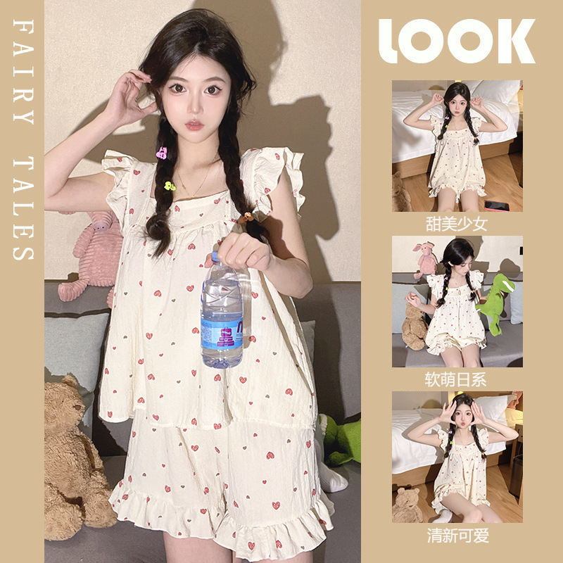 Cross-border cotton pajamas women's summer Japanese students sweet love thin cotton linen camisole home wear suit