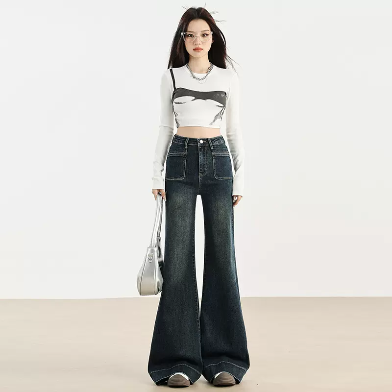 美式复古大喇叭牛仔裤女2024秋季新款高腰显瘦弹力水泥灰喇叭裤
