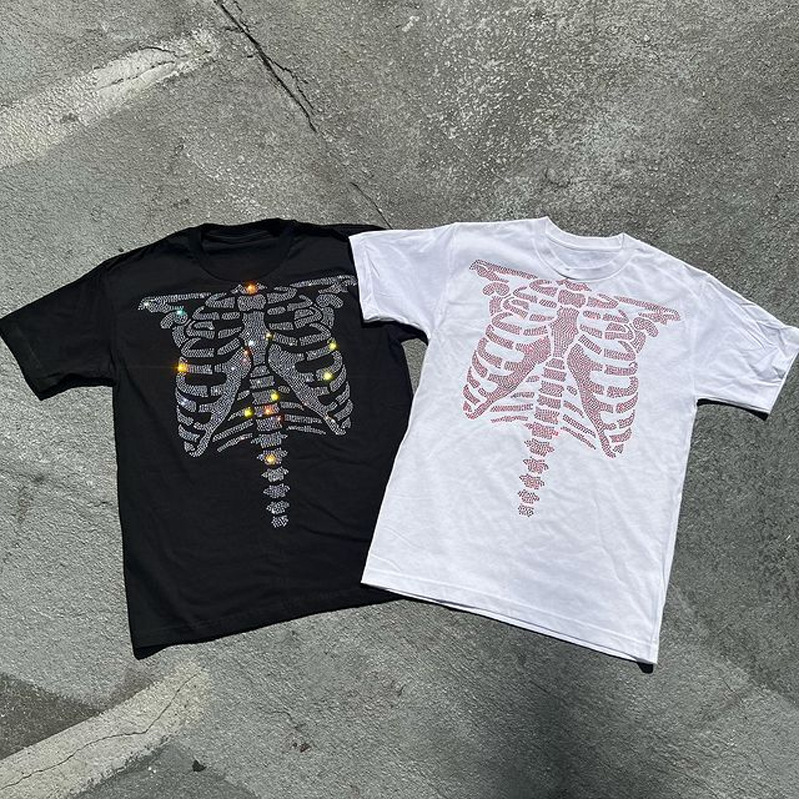 T-shirt ample à strass squelette pour hommes et femmes, nouvelle tendance d'été, hip-hop, goth, pull Y2K_voghion.com