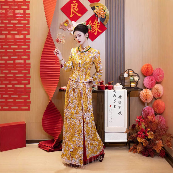 Dragon and Phoenix Jacket 2025 New Bride Golden Xiuhe Dress Wedding Dress Jacket Emperor Chinese Toast Dress Jacket Rear 2024