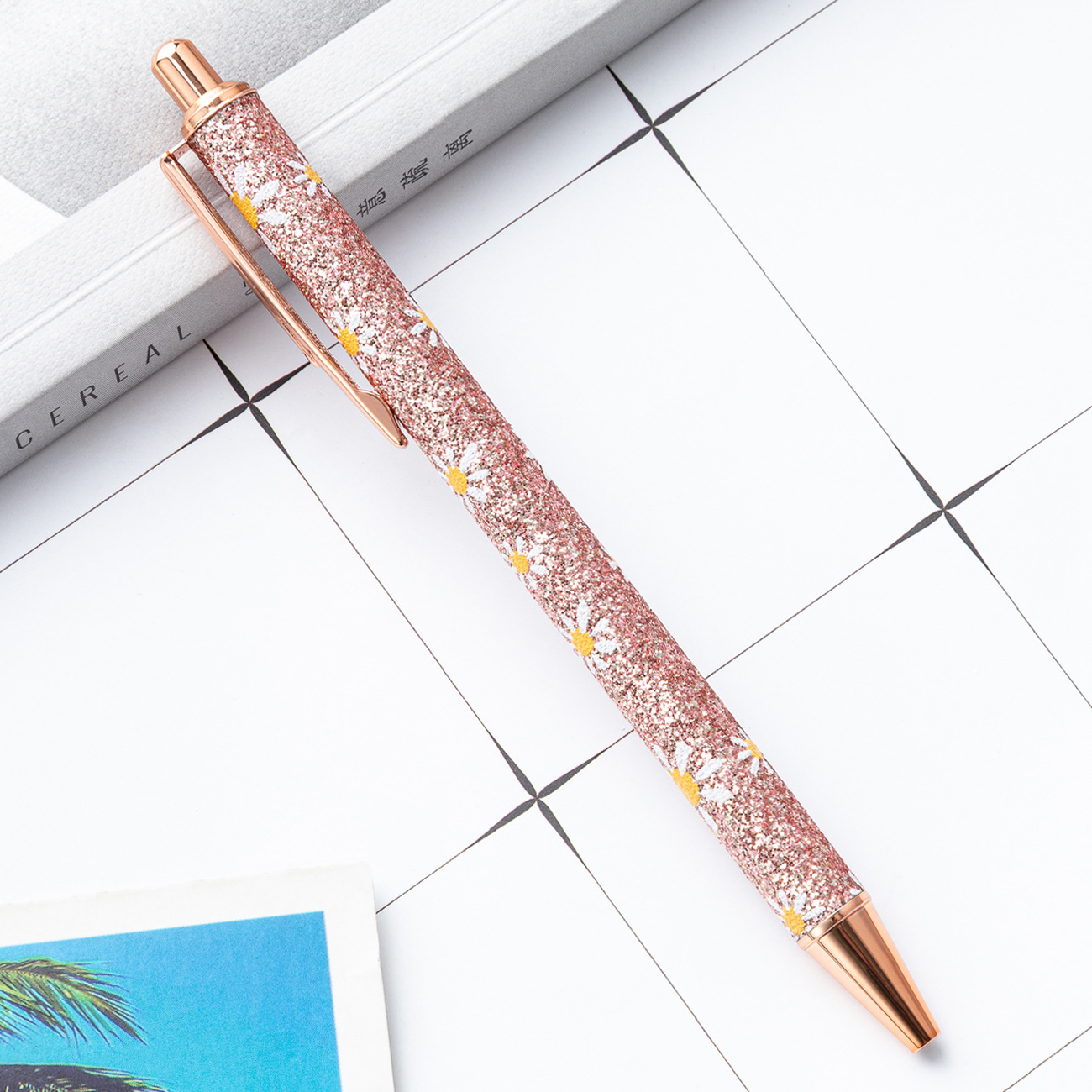 Polvo de oro prensa bolígrafo al por mayor estudiante chica prensa pluma de cuero logotipo imprimible pluma de polvo de brillo de metal