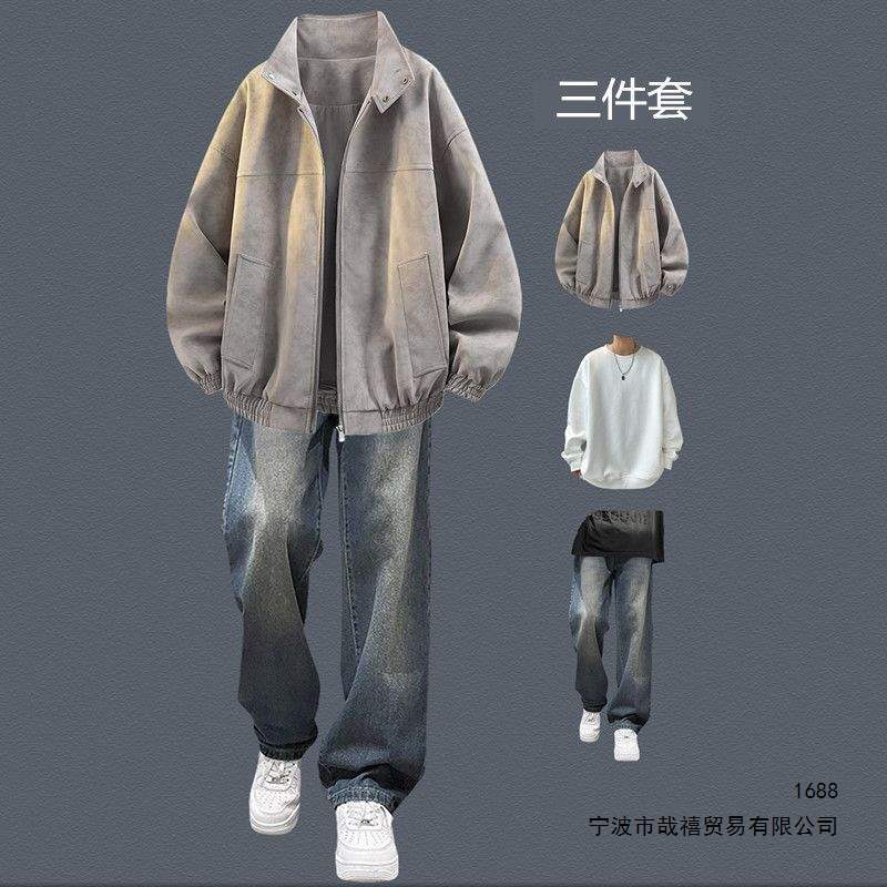 美式复古皮夹克男生秋冬痞帅气套装时髦宽松扎染外套青少年三件套
